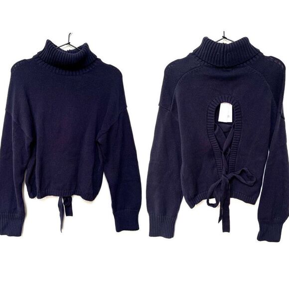 525 America Open Back Lace Up Turtleneck Chunky Knit Sweater Navy Blue S NWT - Picture 1 of 10